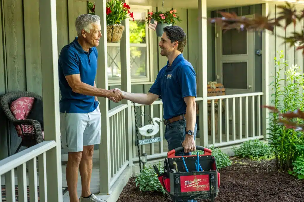 Trailblazer technician shaking hands with customer in front of home.