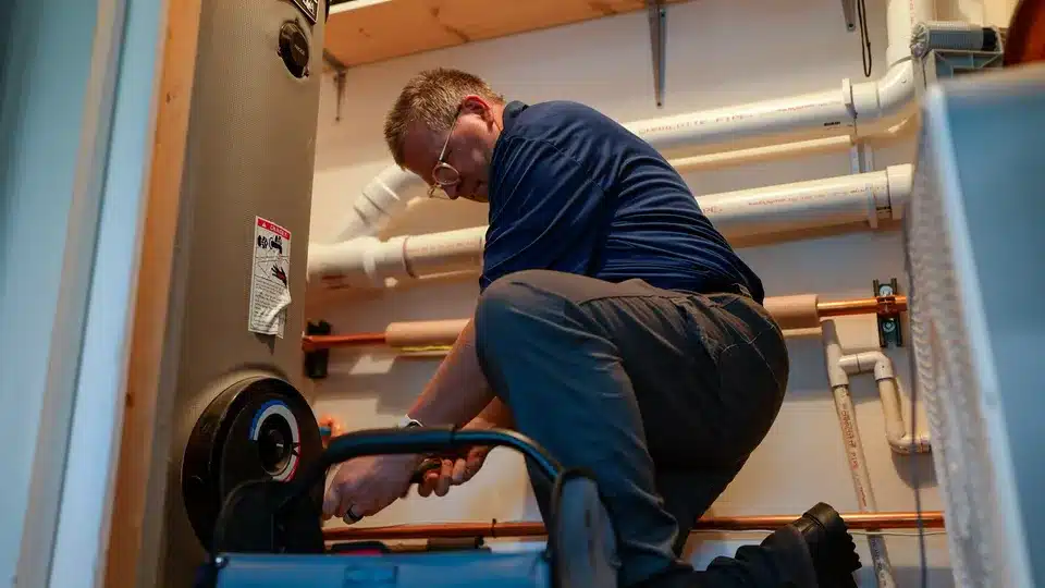 Trailblazer tech working on water heater in Lockport.